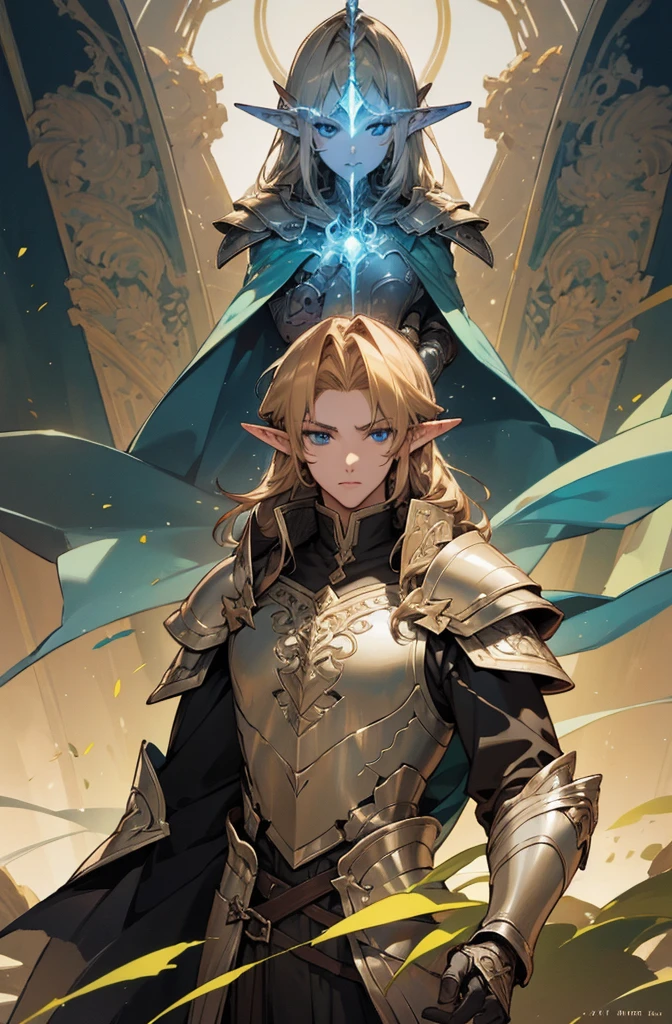 masterpiece, best quality, ultra high resolution, 1man, elven armor, male, fantasy illustration, elf, pointy ears, older man, art by Kinema Citrus, dark blond hair, blue eyes, old