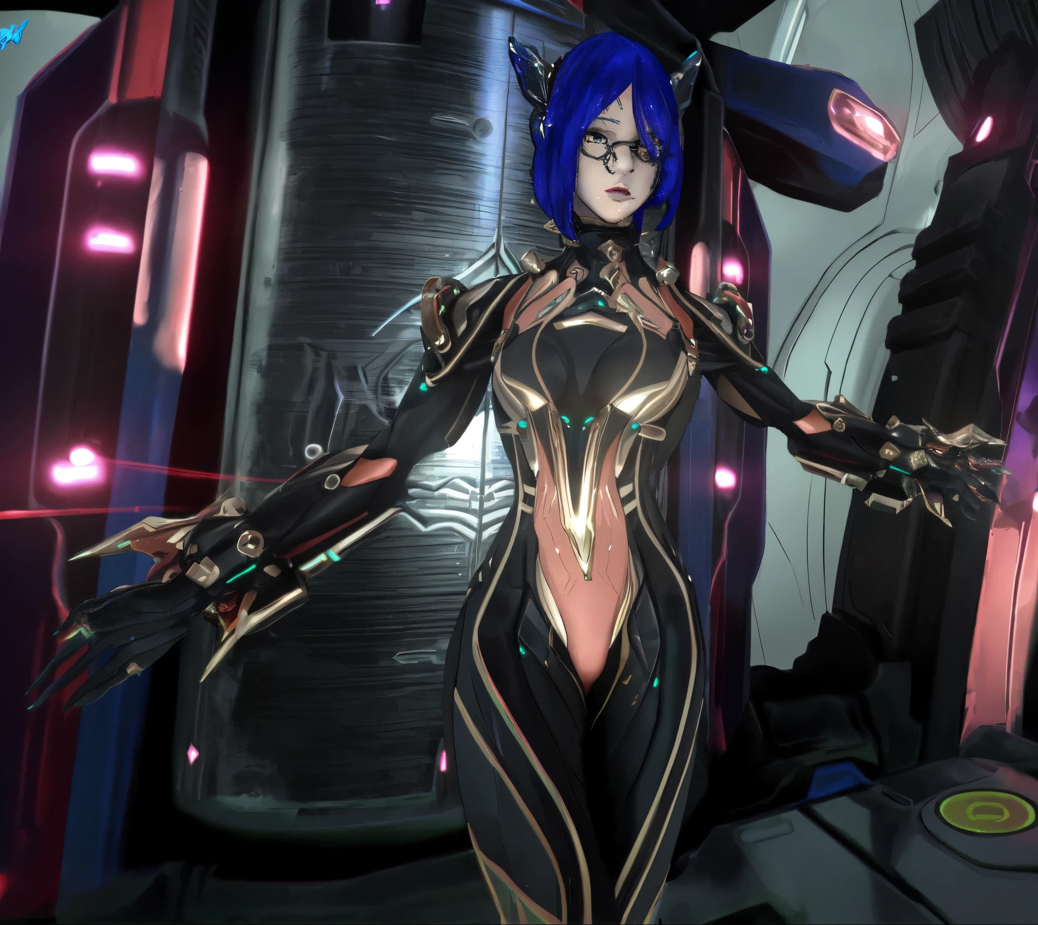 there is a woman in a futuristic suit standing in a room, of a beautiful female warframe, girl with mecha cybernetic armor, sharp silver armor fuchsia skin, cyber suit, dressed in cybernetic armor, diverse cyber suits, cyber suits, Exoskeleton Armor, thick, smooth warframe thighs, de um lindo warframe saryn, detailed warframe