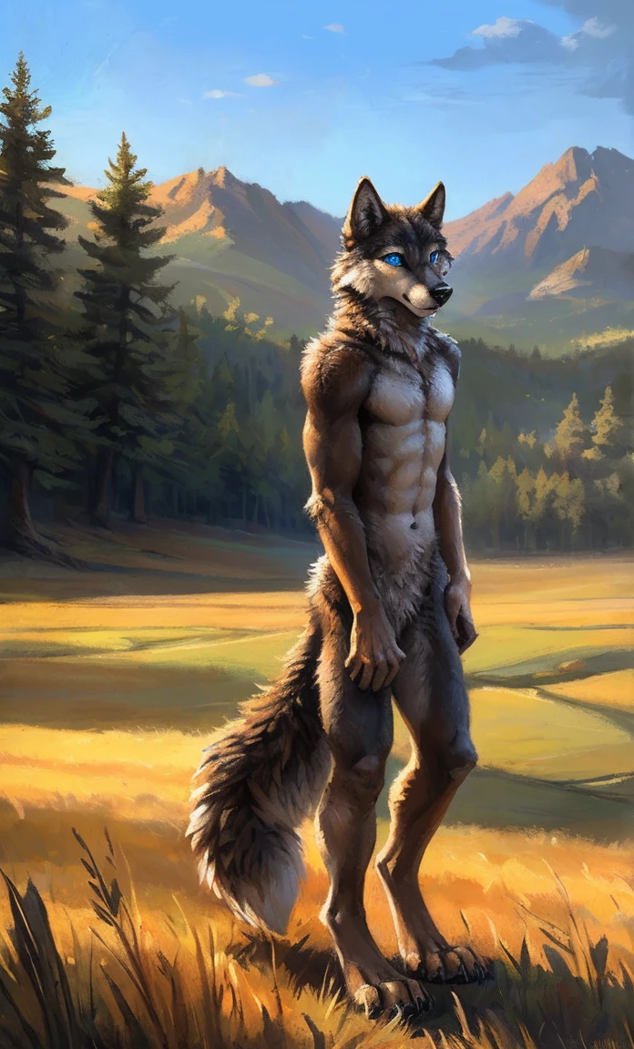 ((Solo)), male people, anthro wolf, (Multi-colored fur, White-brown:1.3,White tail pointed), (Height 2.1m,Tail length 1.5m), ((Wolf face, Big eyes, White eyelids, Blue pupil, Slim:1.2) (Tough, Calm expression:1.2)), Abs, Slim, pinging)), (Correct anatomy), Naked all over the body,A long big tail,Feet,(Realistic fur, Detailed fur texture, labeled:1.3)), (Natural lighting), Photorealistic, Hyperrealistic, ultradetailed, by Kenket,Field,No artifacts