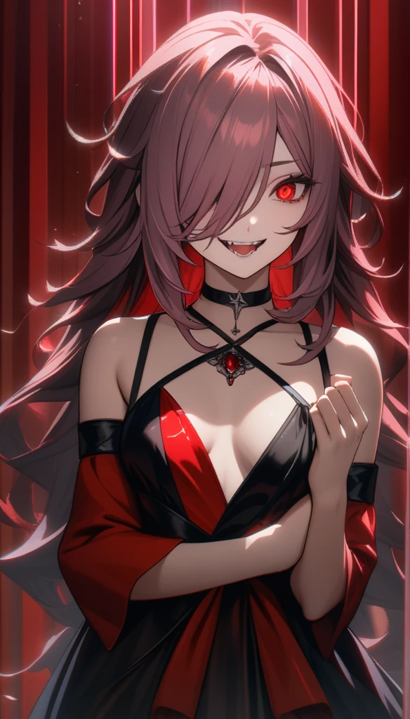 32k, best quality, ultra high res, HDR, UHD, extremely detailed CG, unity 32k wallpaper, highest quality, intricate details, chromatic aberration, One girl, Long Hair, dark pink hair, Messy Hair, Red highlights, Hair on one eye, Red eyes, Sharp eyes, choker, Armband, Laugh eerily, Red eye in my hands, Sensual, Devil Dress