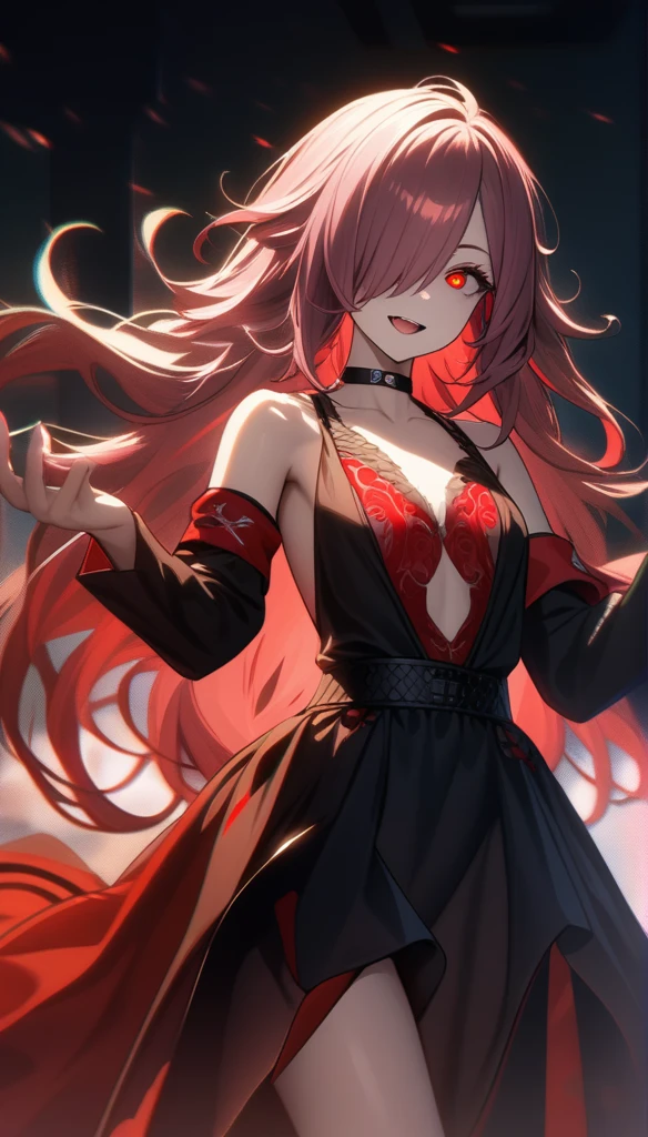 32k, best quality, ultra high res, HDR, UHD, extremely detailed CG, unity 32k wallpaper, highest quality, intricate details, chromatic aberration, One girl, Long Hair, dark pink hair, Messy Hair, Red highlights, Hair on one eye, Red eyes, Sharp eyes, choker, Armband, Laugh eerily, Red eye in my hands, Sensual, Devil Dress