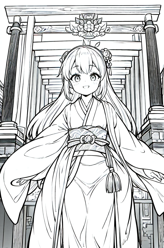 As a coloring book, the color should be black and white, the border should be simple, clear, and bold. A cheerful Asian girl with bright eyes and a mischievous smile is playfully posing in front of the iconic [Fushimi Inari-taisha Shrine] in Kyoto, Japan. She is dressed in a vibrant [kimono with fox pattern], the bold orange and white colors complementing the vermilion torii gates that line the path. The girl's hands are clasped in a playful gesture, and her hair is adorned with a traditional [kanzashi hair ornament].