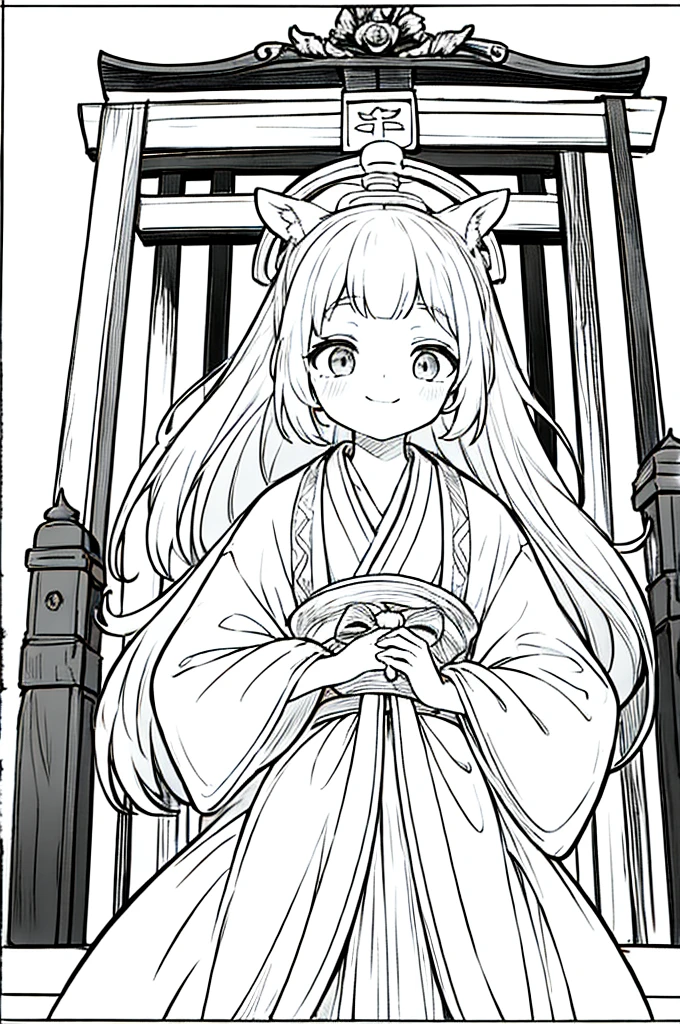 As a coloring book, the color should be black and white, the border should be simple, clear, and bold. A cheerful Asian girl with bright eyes and a mischievous smile is playfully posing in front of the iconic [Fushimi Inari-taisha Shrine] in Kyoto, Japan. She is dressed in a vibrant [kimono with fox pattern], the bold orange and white colors complementing the vermilion torii gates that line the path. The girl's hands are clasped in a playful gesture, and her hair is adorned with a traditional [kanzashi hair ornament].