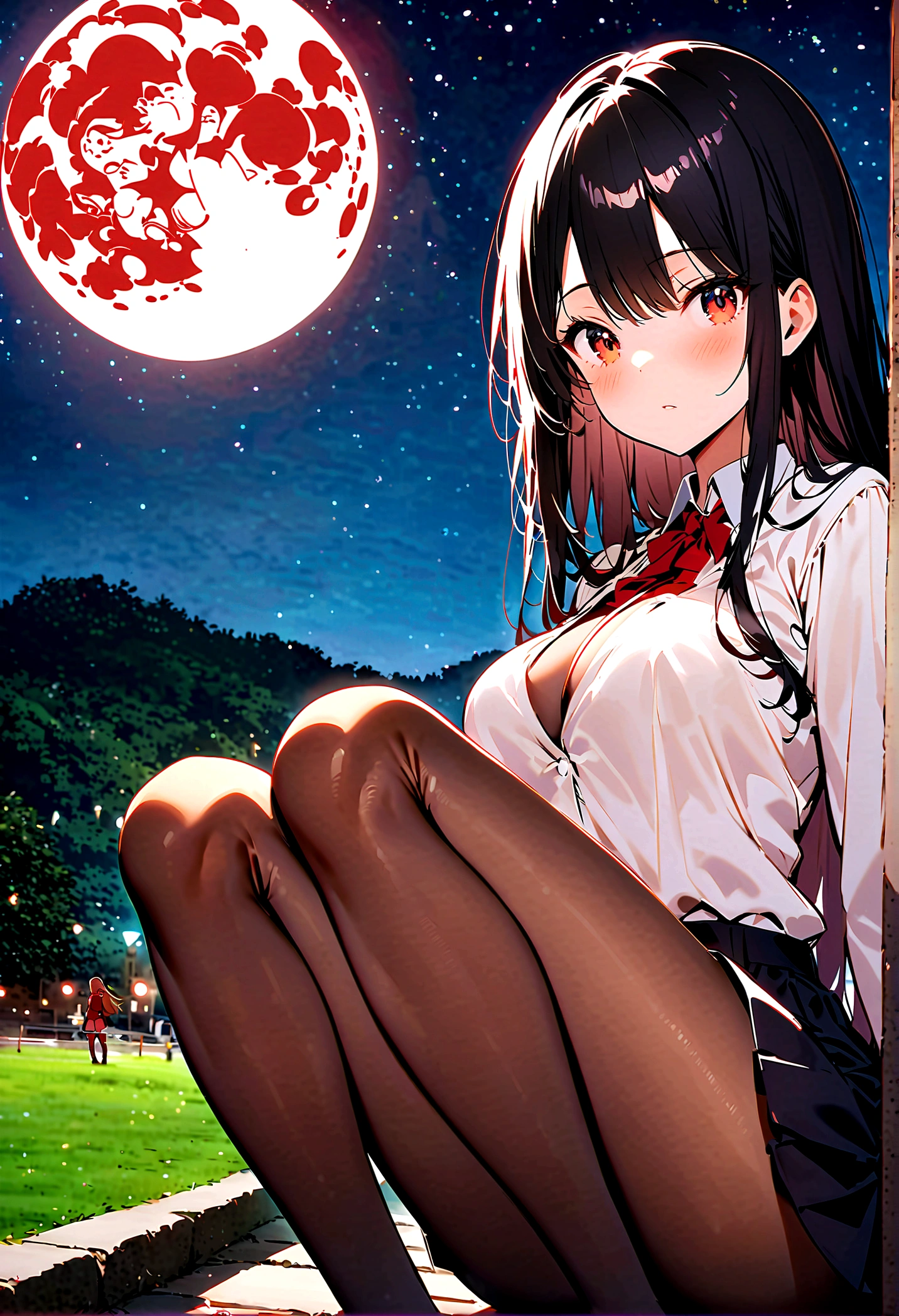 Dog 1、Woman 1、Red miniature dachshund、Red miniature dachshund long hair、dog'color is red、woman with very long black hair、Busty women、Spectacular views、Night Scene、The view from the top of the hill、Full moon night sky、swirling starry sky、8K、Best Quality、詳しいdogの顔、The woman is facing the opposite direction、Ria、I can't see a woman's face、The whole body is in the photo、Like the night view of Tokyo、The woman is wearing a miniskirt and her crotch is visible.、Pantyhose legs