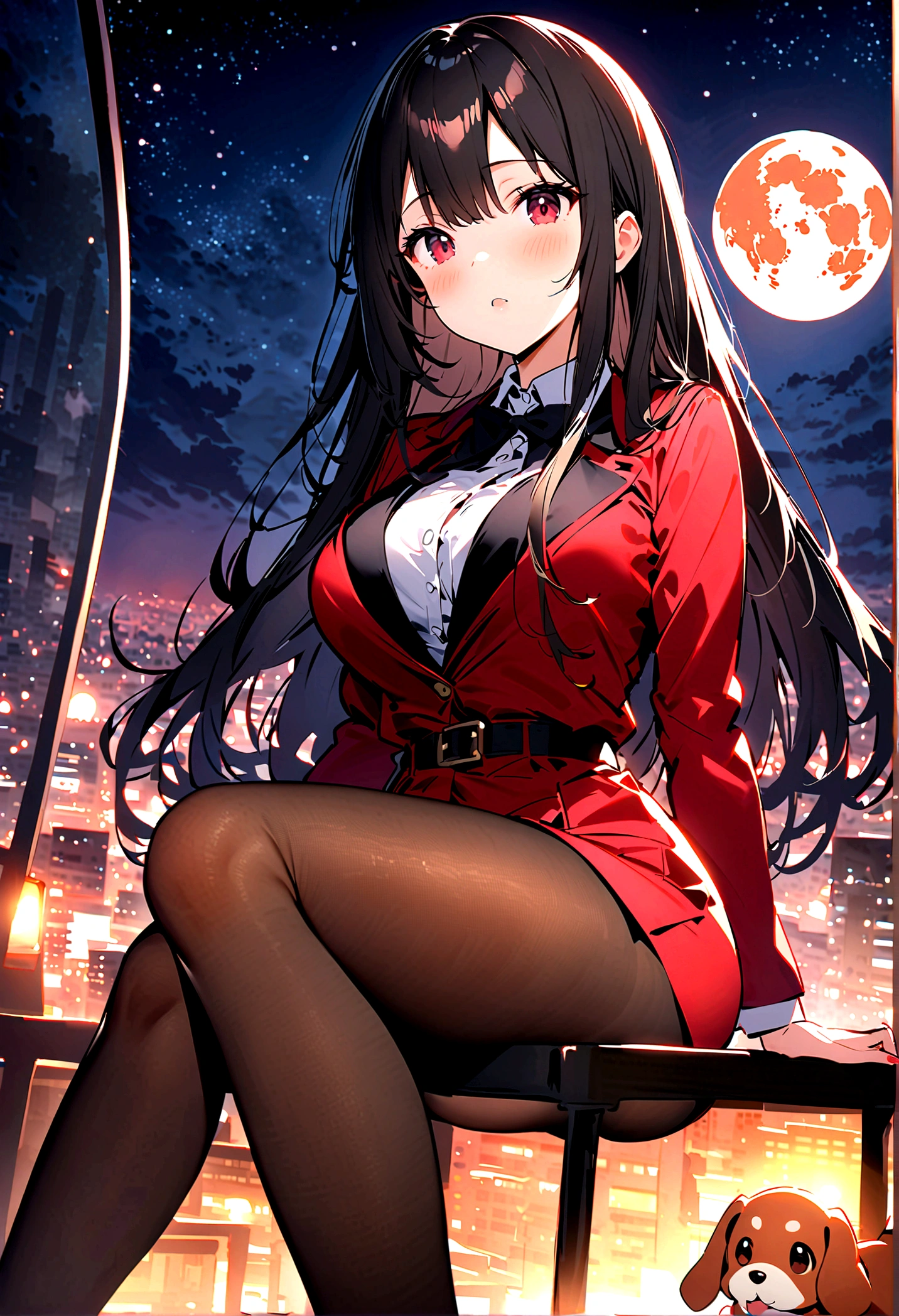 Dog 1、Woman 1、Red miniature dachshund、Red miniature dachshund long hair、dog'color is red、woman with very long black hair、Busty women、Spectacular views、Night Scene、The view from the top of the hill、Full moon night sky、swirling starry sky、8K、Best Quality、詳しいdogの顔、The woman is facing the opposite direction、Ria、I can't see a woman's face、The whole body is in the photo、Like the night view of Tokyo、The woman is wearing a miniskirt and her crotch is visible.、Pantyhose legs
