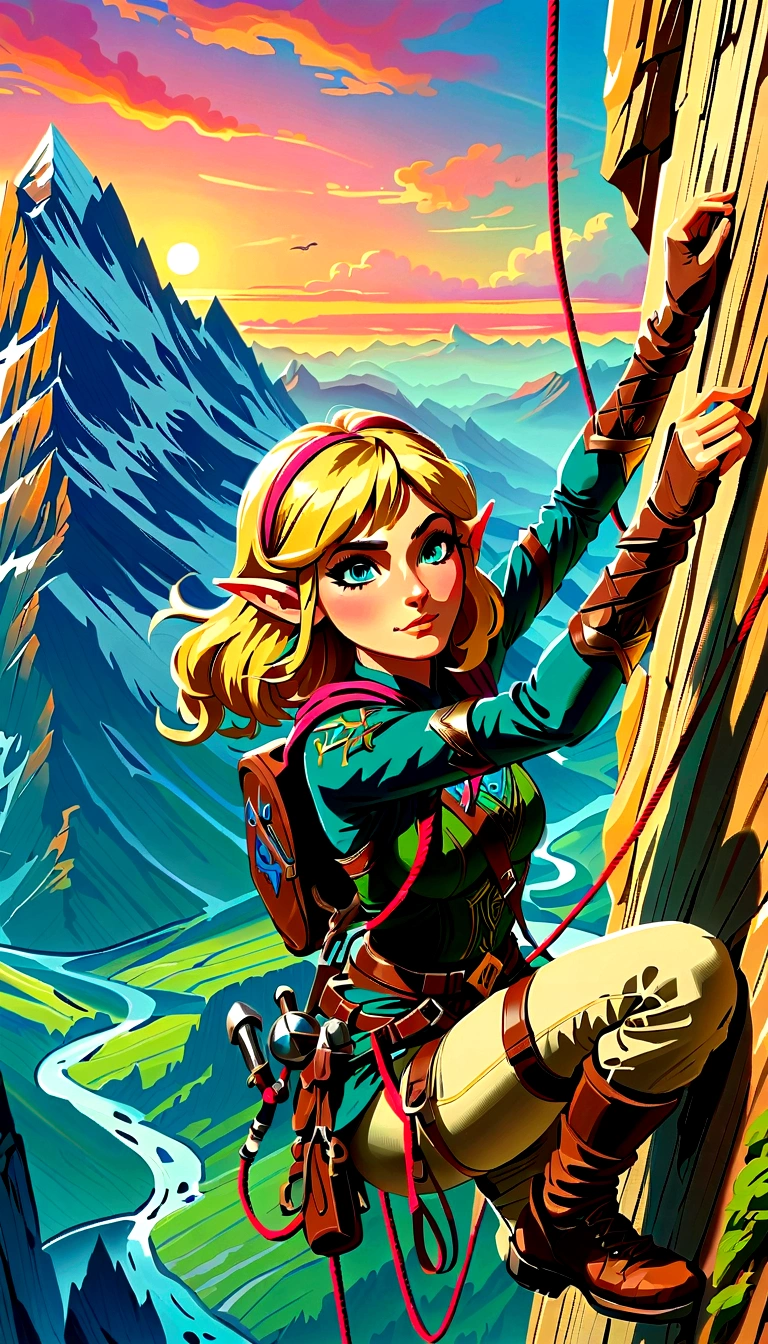 (best quality，8K，Ultra-high resolution，masterpiece)，very good，illustration，Princess Zelda，blonde，Blue Eyes，Green clothes，Rock climbing action，Steep，Hand pull rope，Mountaineering，Slope Rock，Professional display，sunrise，Beautiful scenery