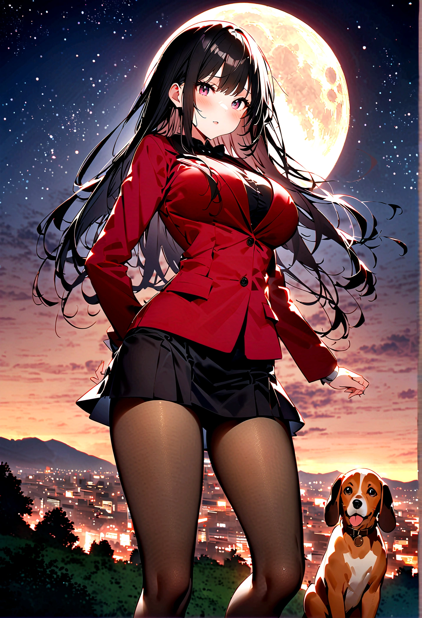 Dog 1、Woman 1、Red miniature dachshund、Red miniature dachshund long hair、dog'color is red、woman with very long black hair、Busty women、Spectacular views、Night Scene、The view from the top of the hill、Full moon night sky、swirling starry sky、8K、Best Quality、詳しいdogの顔、The woman is facing the opposite direction、Ria、I can't see a woman's face、The whole body is in the photo、Like the night view of Tokyo、The woman is wearing a miniskirt and her crotch is visible.、Pantyhose legs
