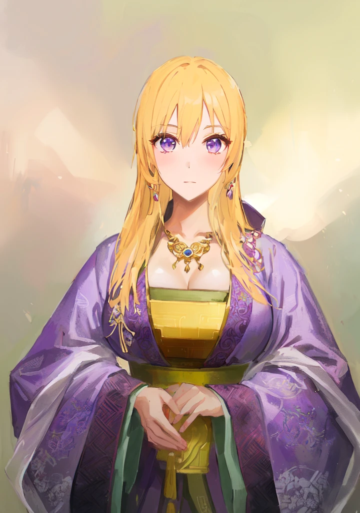 Wearing a purple robe、Cartoon image of a woman holding a bowl, ((Beautiful fantasy queen)), Produced in collaboration with Anime Painter Studio, Anime Goddess, Portrait of the Knights of the Zodiac, elfic priestess, ((Wearing noble robes)), Anime style like fate/overnight, Beautiful fantasy queen, In the anime painter studio，Three Kingdoms，Three Kingdoms志，Chinese style，antiquity，Hanfu，，Huge Breasts，Good shape，Royal sister，Purple Eyes