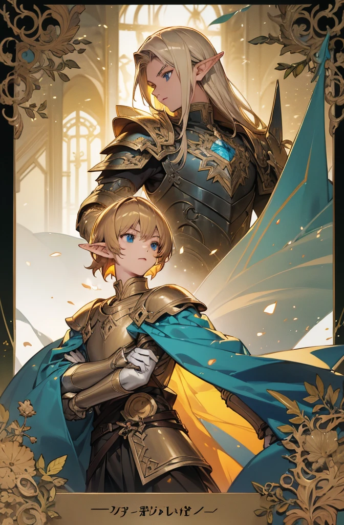 masterpiece, best quality, ultra high resolution, 1man, elven armor, male, fantasy illustration, elf, pointy ears, older man, art by Kinema Citrus, (dark blonde hair), blue eyes