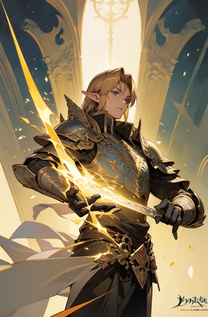 masterpiece, best quality, ultra high resolution, 1man, elven armor, male, fantasy illustration, elf, pointy ears, older man, art by Kinema Citrus, (dark blonde hair), blue eyes