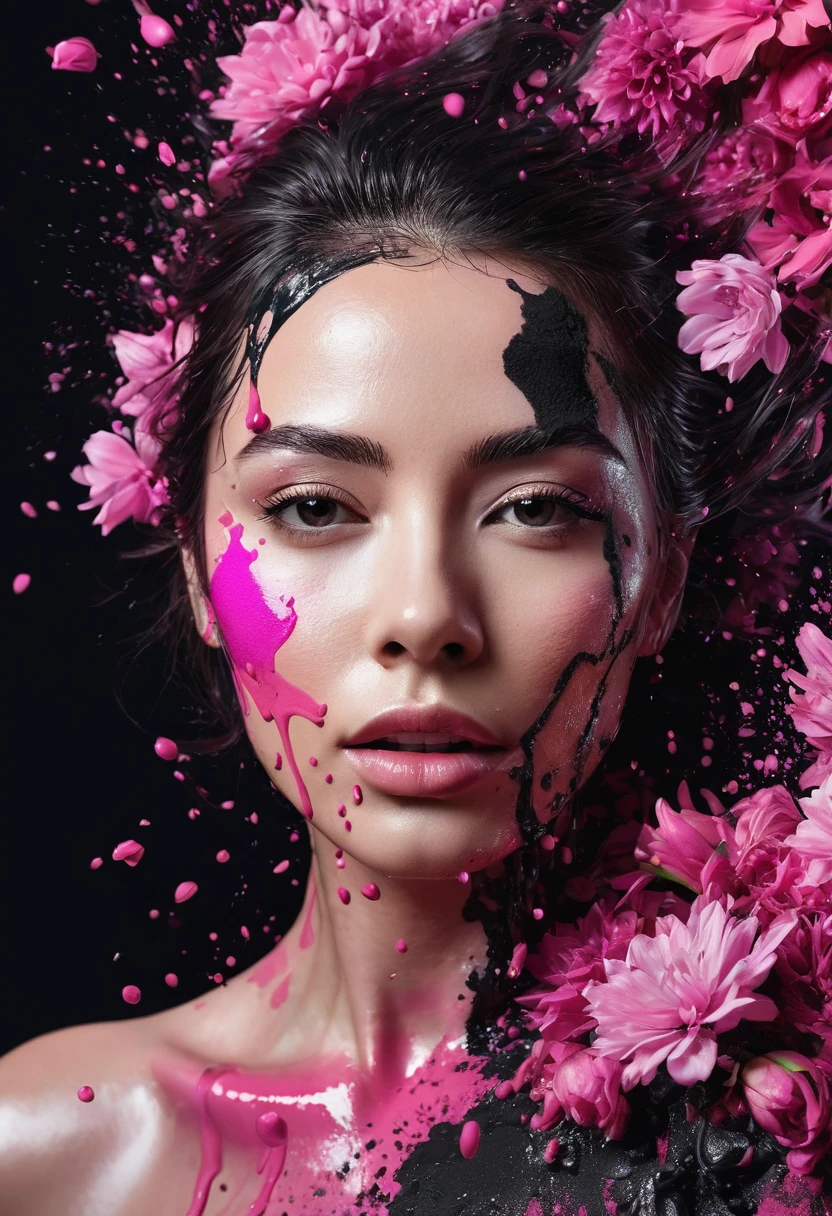 Photorealistic image of a woman mid shot, abstract background, black and pink gradient, made of flowers, paint spilling , ultra clear
