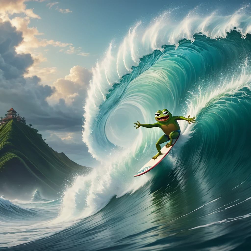 a surreal pepe the frog surfing gigantic ocean waves,photorealistic,4k,8k,extremely detailed,cinematic lighting,striking colors,dramatic composition,dynamic motion blur,atmospheric mist,churning white water,powerful swells,dramatic cloudy sky