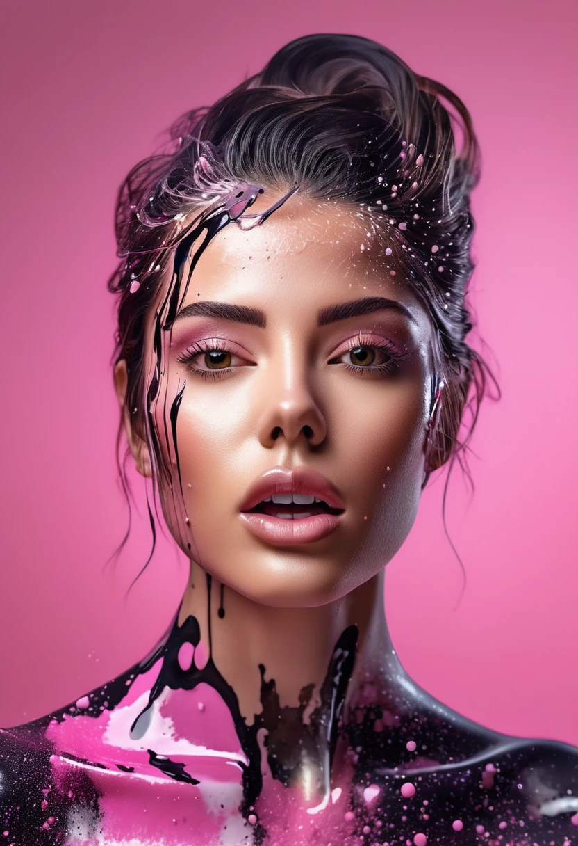 Photorealistic image of a woman mid shot, abstract background, black and pink gradient,  made of flowers, paint spilling , ultra clear