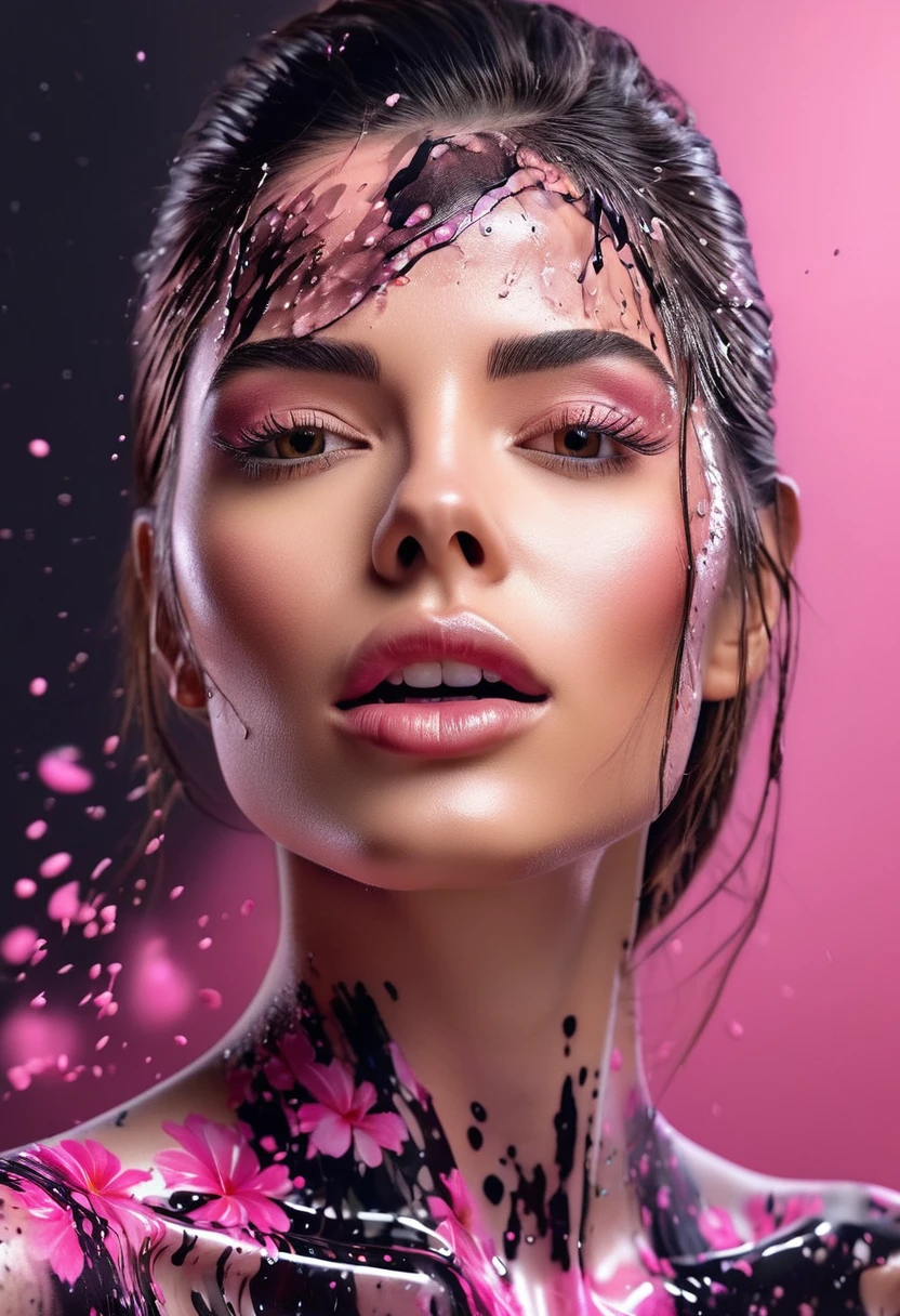 Photorealistic image of a woman mid shot, abstract background, black and pink gradient, made of flowers, paint spilling , ultra clear