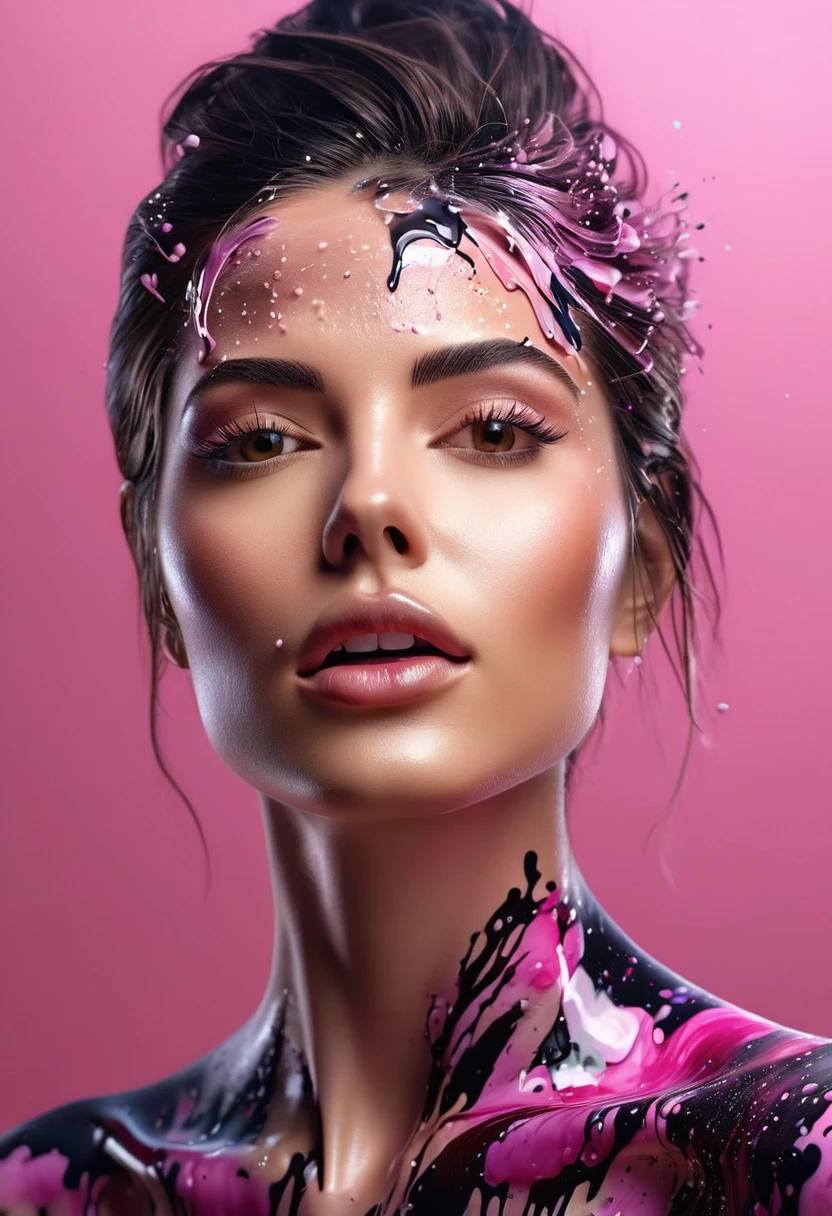 Photorealistic image of a woman mid shot, abstract background, black and pink gradient, made of flowers, paint spilling , ultra clear