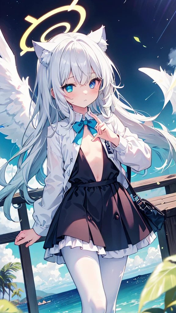 Angel Wings，Blue Halo，White pantyhose，White long hair，Flowing long hair，Cat ear，Heterochromia（Left blue right yellow），female face，There are bright spots in the eyes，Female hands，White little hands，Normal fingers，flat chest，On an island in the sky，night，A rather disappointed expression