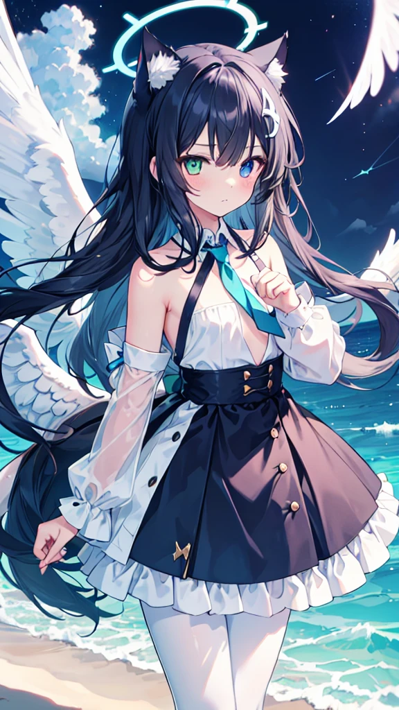 Angel Wings，Blue Halo，White pantyhose，White long hair，Flowing long hair，Cat ear，Heterochromia（Left blue right yellow），female face，There are bright spots in the eyes，Female hands，White little hands，Normal fingers，flat chest，On an island in the sky，night，A rather disappointed expression