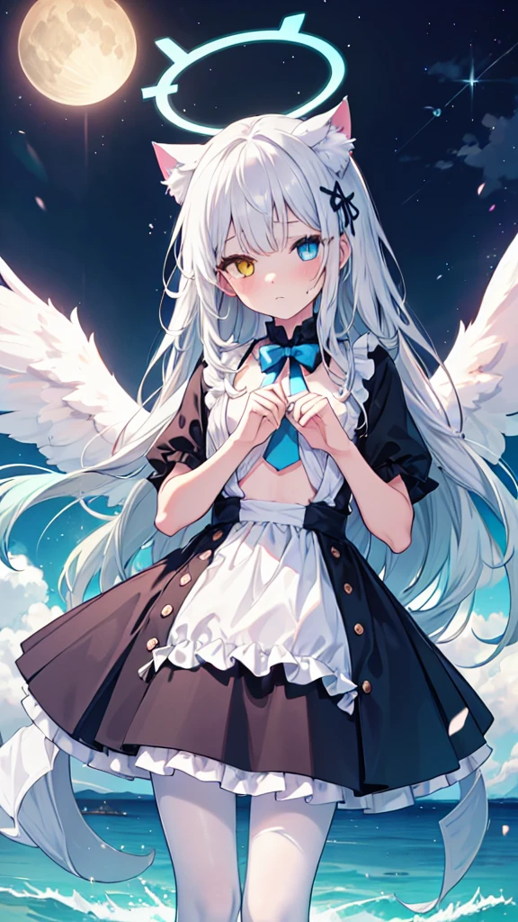 Angel Wings，Blue Halo，White pantyhose，White long hair，Flowing long hair，Cat ear，Heterochromia（Left blue right yellow），female face，There are bright spots in the eyes，Female hands，White little hands，Normal fingers，flat chest，On an island in the sky，night，A rather disappointed expression