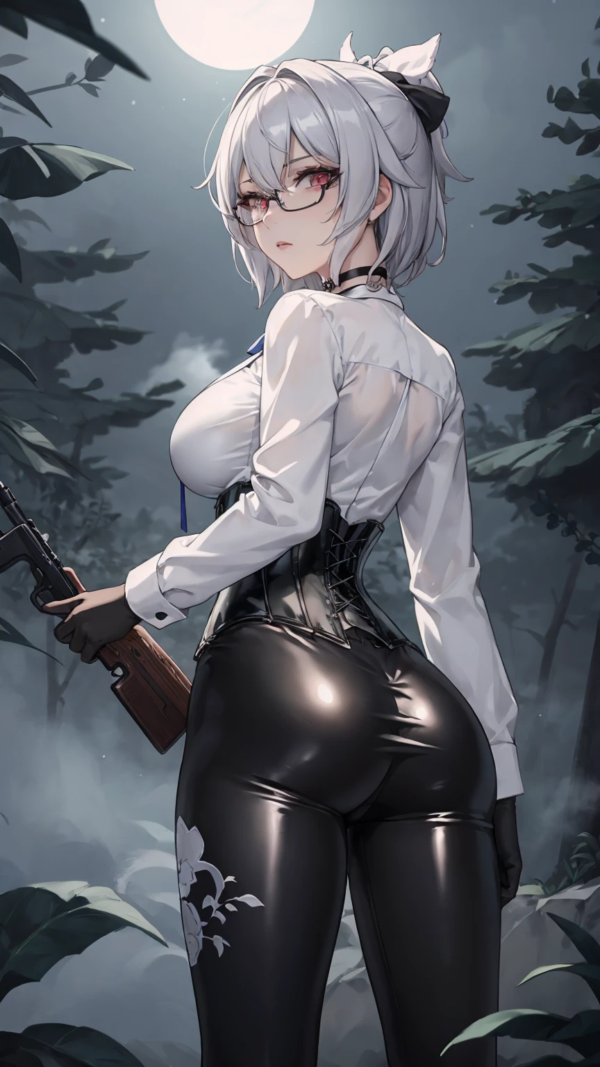 Masterpiece, Beautiful art, professional artist, 8k, detailed body, Very detailed face, very detailed eyes, Detailed clothing, detailed fabric, Best Quality, better resolution, 1 girl, bronya zaychik \(HONKAI IMPACT 3rd\), view from behind, perfect ass, standing, big breasts, serious expression, eyes without pupils, short silver hair, round chinese glasses, choker:1.6, (white collar button down long sleeve shirt), (shiny black corset), black gloves that cover your hands, holds a gun in his hand), (shiny black leggings), looking at the viewer, dark path, dark forest, at night atmosphere, fog