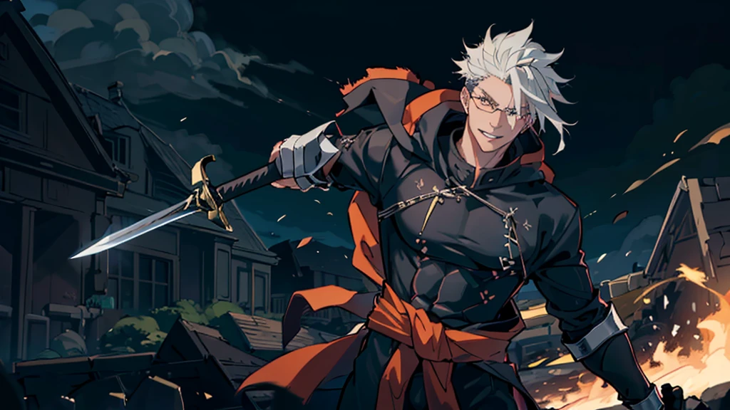 Perfect anatomy and highly detailed face, Delicate depiction of the eyes, Accurate drawing, Beautiful Hair, Detailed Background, Edgy, One person preparing for battle, Man in his late 20s, Red hoodie and black pants, Warm, loose-fitting clothing, , A casual fashion style where you wrap your jacket around your waist, Two falchions in their sheaths, A mercenary with two scimitars on his hips, A dual-wielding swordsman with his swords sheathed, Mafia with a sword scar on his nose, Villain with serious injury, Dark malicious smile, A young man with narrowed eyes laughing like a fox, Tanned dark skin, White to silvery hair, Short Ponytail Hairstyles, His trademark thick black-rimmed glasses, Cynical smile, Sarcastic mood, The scene of a large-scale indiscriminate terrorist attack, Burning and collapsing building, I have inner loneliness, Deep down, I feel like life is hard, Jealousy and envy towards successful people, The insight and resignation that come from hard work and failure, Perverse Desperation,