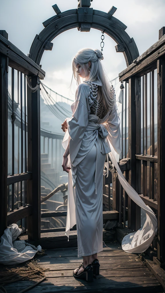 A skeleton in a white kimono with long hair, standing on a suspension bridge. The scene is foggy. The skeleton is facing away but turned to look back over its shoulder.