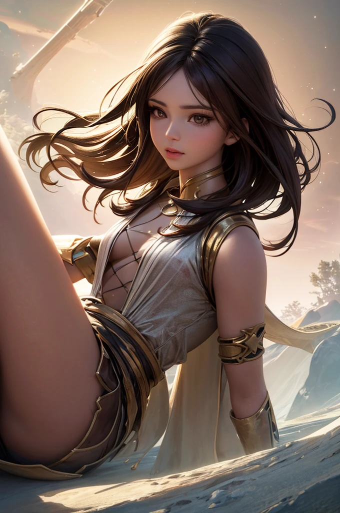 ((Highest quality)), (masterpiece)), (detailed: 1.4), 3d, An absurd solution, High resolution, (masterpiece: 1.4), 超detailed, Beautiful girl 1 person, Futuristic woman image, Shiny brown hair, Beautiful brown eyes, Beautiful Face, 20-year-old, universe, floating, small, , Dynamic pose