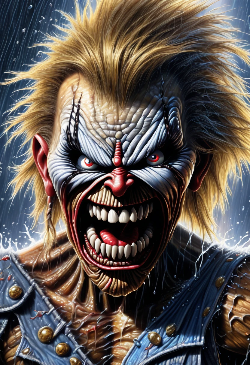 hyper realistic, cute iron Maiden Eddie from heavy metal band , rain effect, 64k resolution photorealistic Masterpiece by Ridley Scott, intricately detailed fluid painting, HD, professional photography, dark lighting, volumetric lighting maximalist photo illustration, 64k resolution concept art with intricately detailed, complex, elegant, expansive, fantastical, ultra sharp, k,