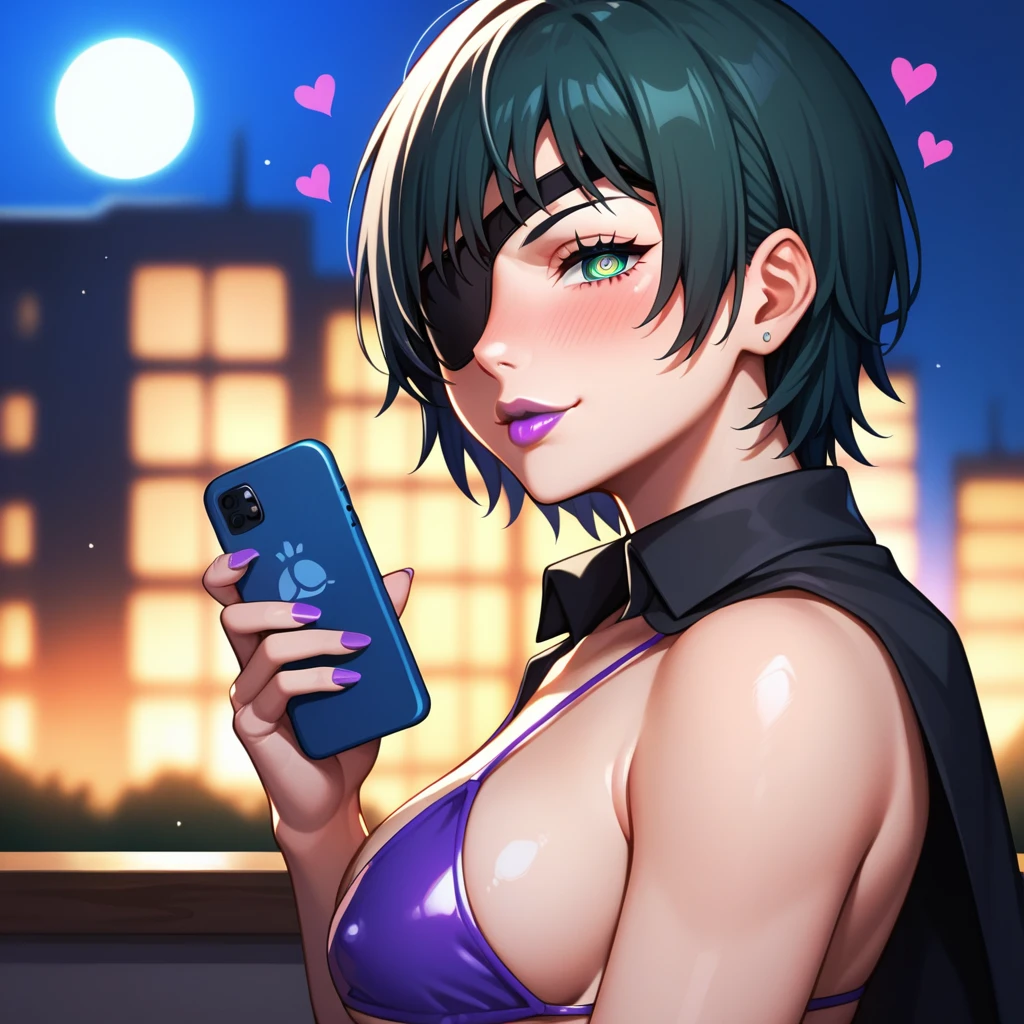  mature female, mature, Adult, himeno, himeno(Chainsaw Man), 1girl, black hair, short hair, eyepatch, solo, hypnosis, brainwashed, blush, phone, heart, eye symbol, rating_questionable, naughty face, rolling_eyes, cross-eyes, kissing air, pout, stick mouth, sharp mouth, purple lips, shaking head, Villains, chest, looking side, from side, Night town, City, skyscraper, Night, Dark, latex purple bikini under the black cape, masterpiece, Top animation quality，Top image quality,