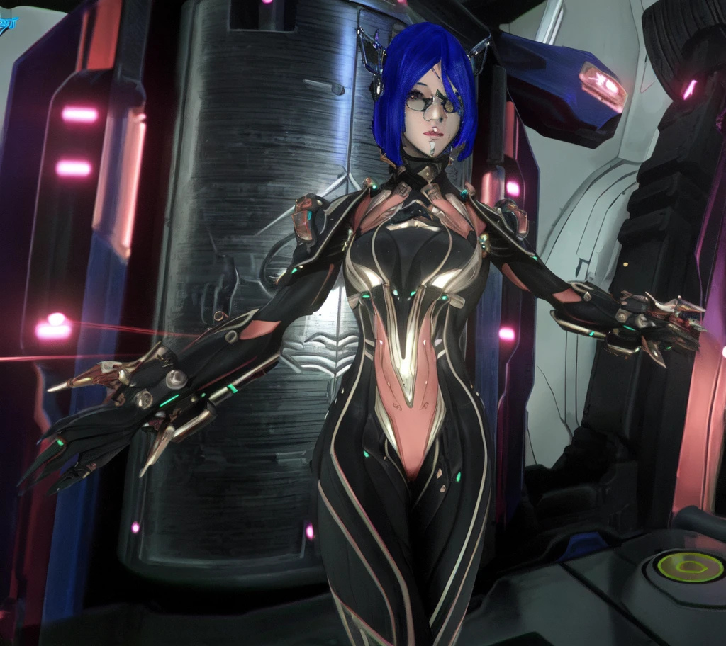 there is a woman in a futuristic suit standing in a room, of a beautiful female warframe, girl with mecha cybernetic armor, sharp silver armor fuchsia skin, cyber suit, dressed in cybernetic armor, diverse cyber suits, cyber suits, Exoskeleton Armor, thick, smooth warframe thighs, de um lindo warframe saryn, detailed warframe