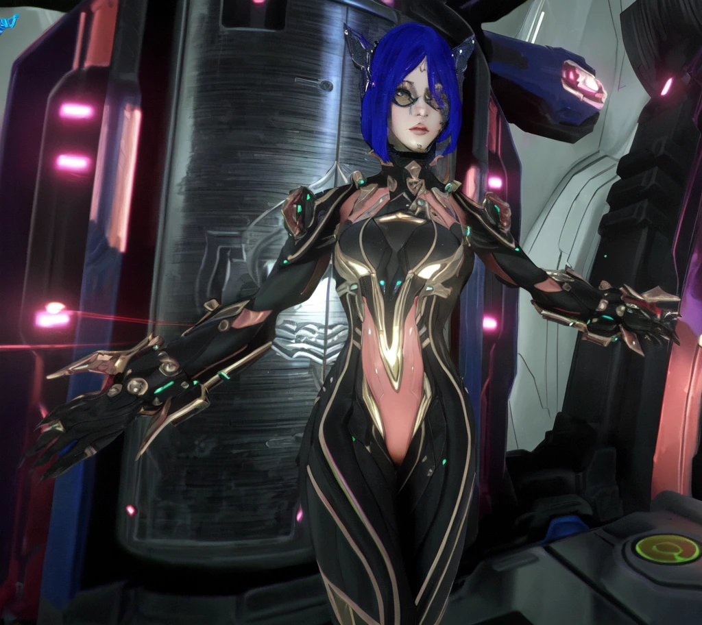 there is a woman in a futuristic suit standing in a room, of a beautiful female warframe, girl with mecha cybernetic armor, sharp silver armor fuchsia skin, cyber suit, dressed in cybernetic armor, diverse cyber suits, cyber suits, Exoskeleton Armor, thick, smooth warframe thighs, de um lindo warframe saryn, detailed warframe