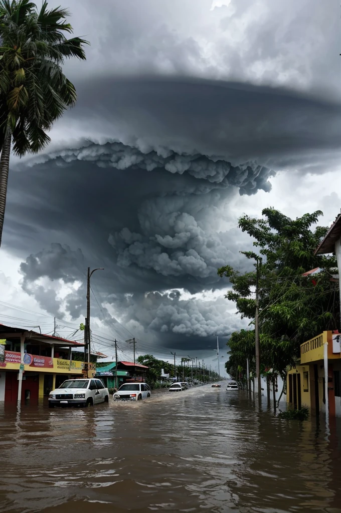 I want a highly realistic and detailed image of an apocalyptic hurricane scene in La Ceiba, honduras. The image should show dark, powerful storm clouds swirling menacingly in the sky., with intense rain and wind lashing the city. The trees must be bent and broken, with debris flying through the air and damaged buildings. The flood waters must be rising, covering the streets and cars. Besides, must include elements specific to La Ceiba, such as Swinford Park and the Cathedral Church of San Isidro, so that the city is clearly recognized. The general atmosphere should be dark and chaotic, capturing the devastating impact of the hurricane on the city."