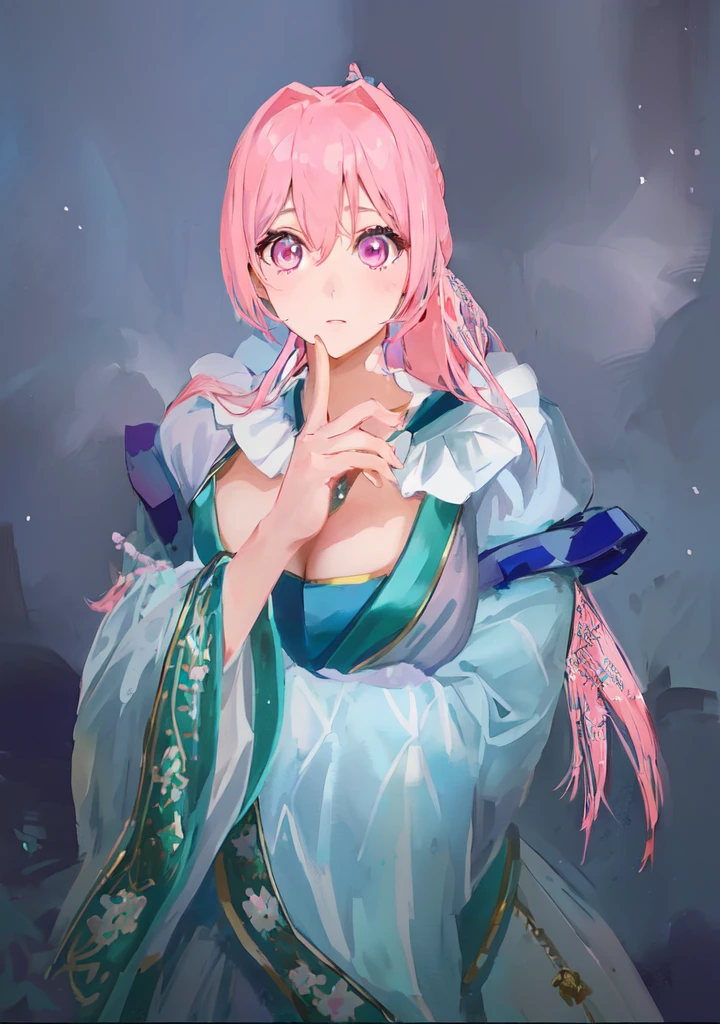 Pink Hair、Anime girl in blue dress poses for photo, Pink ponytail hair and pink eyes, Produced in collaboration with Anime Painter Studio, In the anime painter studio, Portrait of the Knights of the Zodiac,  Sonison，超级Sonison，Celluloid