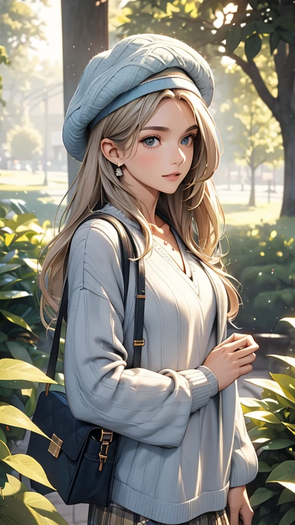 The image shows a person with long, straight hair wearing a light blue beret and a gray sweater with a V-neck design featuring a beige plaid pattern. The background appears to be outdoors, with greenery and a soft focus, indicating a sunny day. The word "Grazia" is displayed on the lower left corner of the image, suggesting a connection to the fashion magazine Grazia.