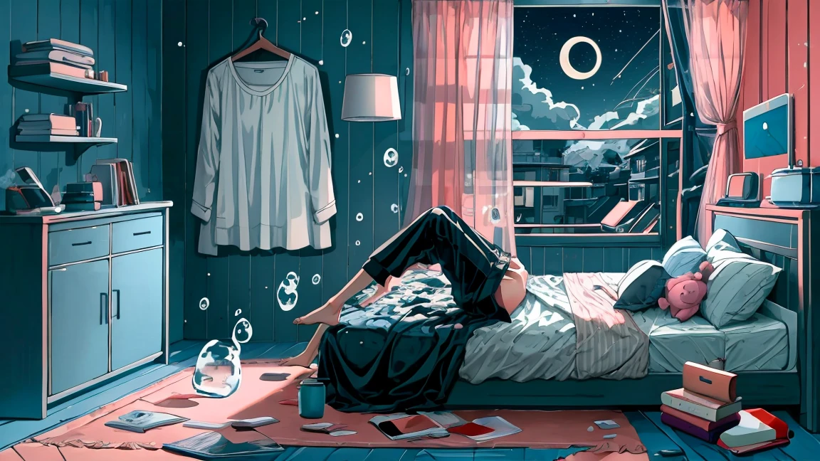 lineart,
1girl, 独奏, black hair, holding, sitting, pony tail, Shorts, Indoors, pouch, a cup, book, Window, bed, chair, phone, stuffed toy, Scarecrow, plant, Curtains, instrument, a table, camisole, fish, Cannabis, bubble, undersea, watch, Guitar, air bubble, bed room, shelf, calendar (object), coral,