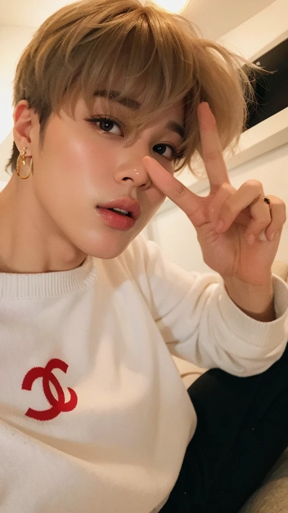 park jimin in a white sweater and an earring, park Jimin, Jimin\Plump lips, Jimin, Jimin\Nariz grego, Jimin\'s right eyelid swollen, accurate Jimin face, park jimin face, labios rechonchudos, melhor qualidade, HD, jimin face