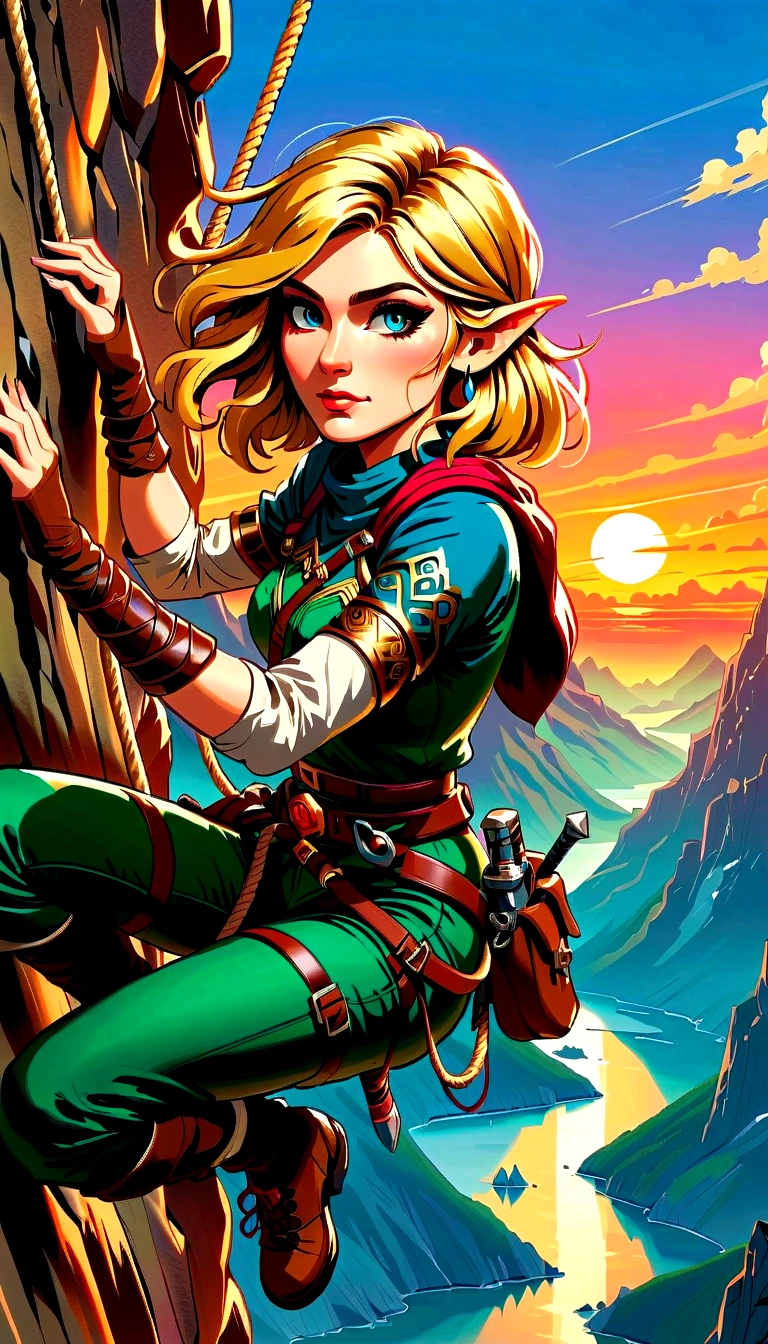 (best quality，8K，Ultra-high resolution，masterpiece)，very good，illustration，Shooting angle from top to bottom，Princess Zelda，blonde，Blue Eyes，Green clothes，Rock climbing action，Steep，rope，Mountaineering，rock，Professional display，sunrise，Beautiful scenery