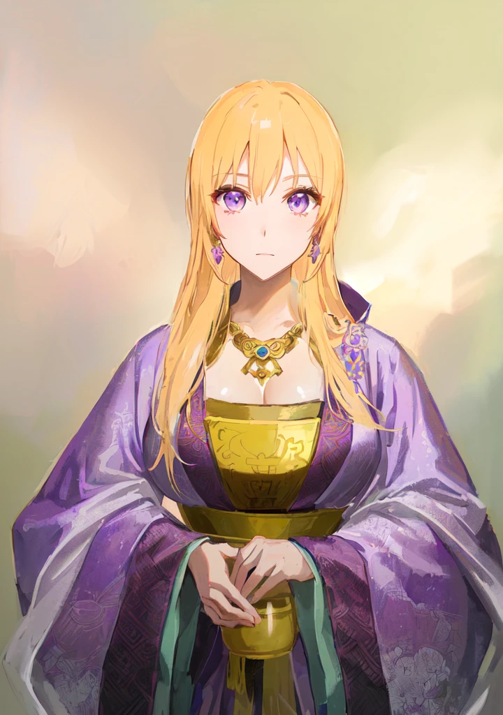 Wearing a purple robe、Cartoon image of a woman holding a bowl, ((Beautiful fantasy queen)), Produced in collaboration with Anime Painter Studio, Anime Goddess, Portrait of the Knights of the Zodiac, elfic priestess, ((Wearing noble robes)), Anime style like fate/overnight, Beautiful fantasy queen, In the anime painter studio,Three Kingdoms,Three Kingdoms志,Chinese style,antiquity,Hanfu,,Huge Breasts,Good shape,Royal sister,Purple Eyes,Celluloid