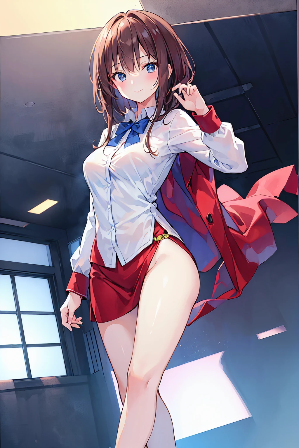 ((masterpiece, Highest)), (One girl), (Mature Woman), Brown Hair, Exposing the chest，White shirt, sprawled out, (office lady), bangs, Small breasts, slim, smile, [Wide Hips], office, Are standing, got it  (Blue File), 8K quality, Sexy seduction，((Highest品質)), (Very detailed), (High-definition CG synthesis 8K wallpaper), 高いly detailed, 高い-definition raw color photos, Professional photography, (((Bokeh))), Written boundary depth,Beautiful legs