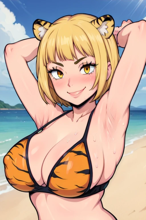 masterpiece, best quality, saeko tanaka, looking at viewer, yellow hair, yellow eyes color, large breasts, upper body, portrait, seductive smile,both hands raised, armpits, armpits visible, sweaty armpits, wearing sexy bikini, tiger print, background on beach