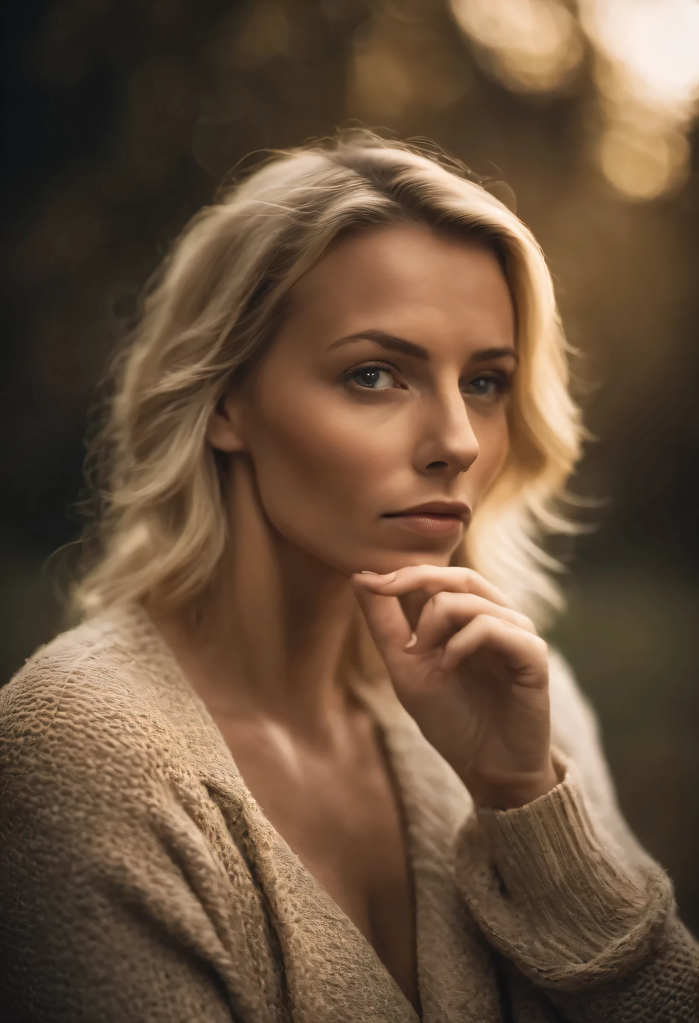 Portrait of a blonde woman indicating sign of silence, looking directly at photo