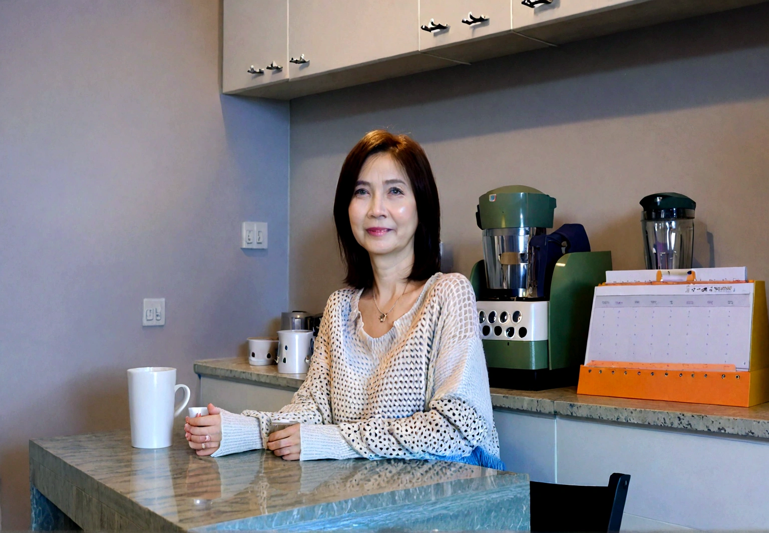Beautiful Korean Woman , 32 inch chest size, Your eyes are big and pretty. Wearing a high-end luxury brand cardigan, casual beige pants, short medium hair, Smile, uhd