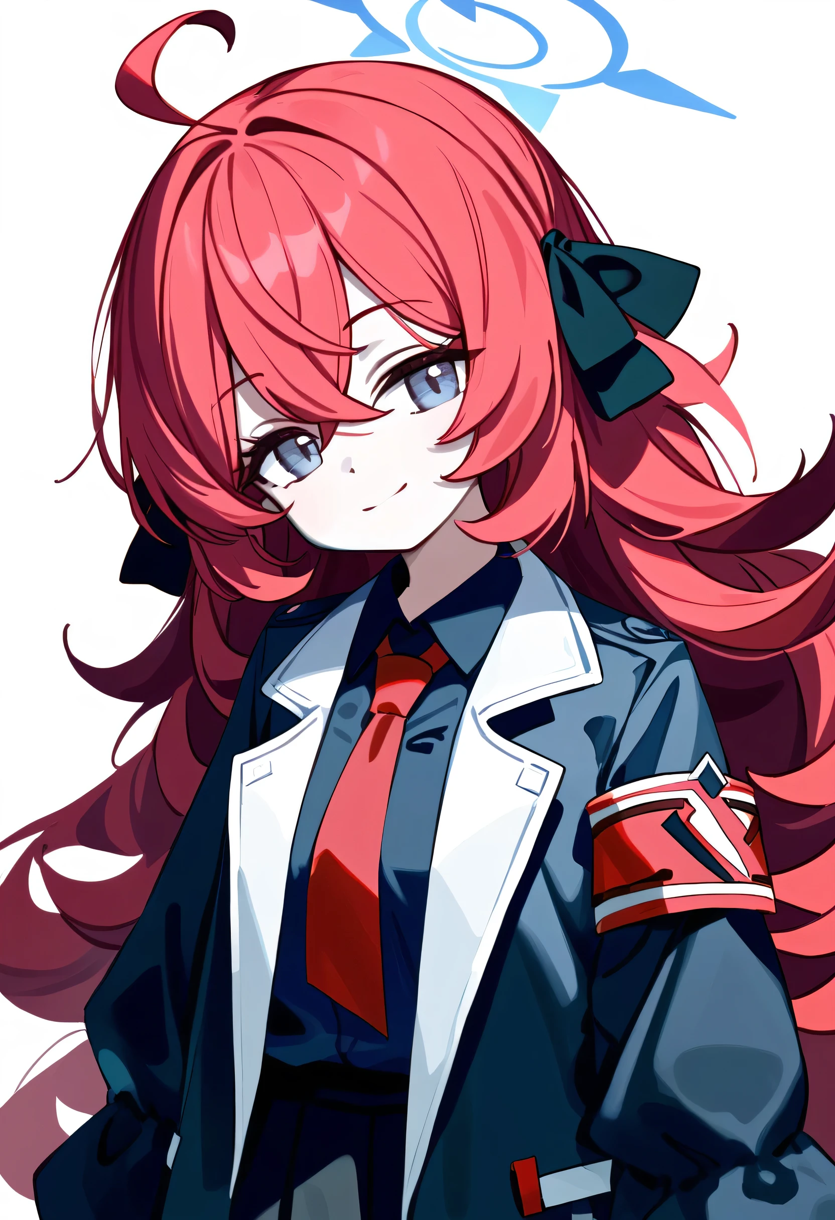 masterpiece, (check_9, check_8_up, check_7_up), 1 girl, Iroha_\(blue_archive\), 1 girl, Red hair, long hair, dirty hair, blue eyes, small smile, inexpressive, long_sleeves, ahoge, Red tie, black shirt, red armband, collared shirt, blue halo, black skirt, black raincoat, upper body, portrait, hands at sides, head tilt, White background, masterpiece, Best quality