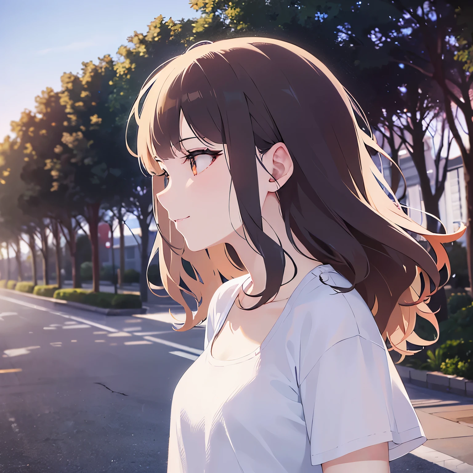look far away,upper body,profile、
Realistic, real person, (pale skin: 1.2), RAW photo, photorealistic, shiny skin, shiny hair、
(A 25-year-old woman with bob hair and bangs) and (wavy hair) and (brown hair) and (Orange Eyes)、(white) and (T-Shirts)、Cleavage、
smile,Midnight in the Park、Night Sky