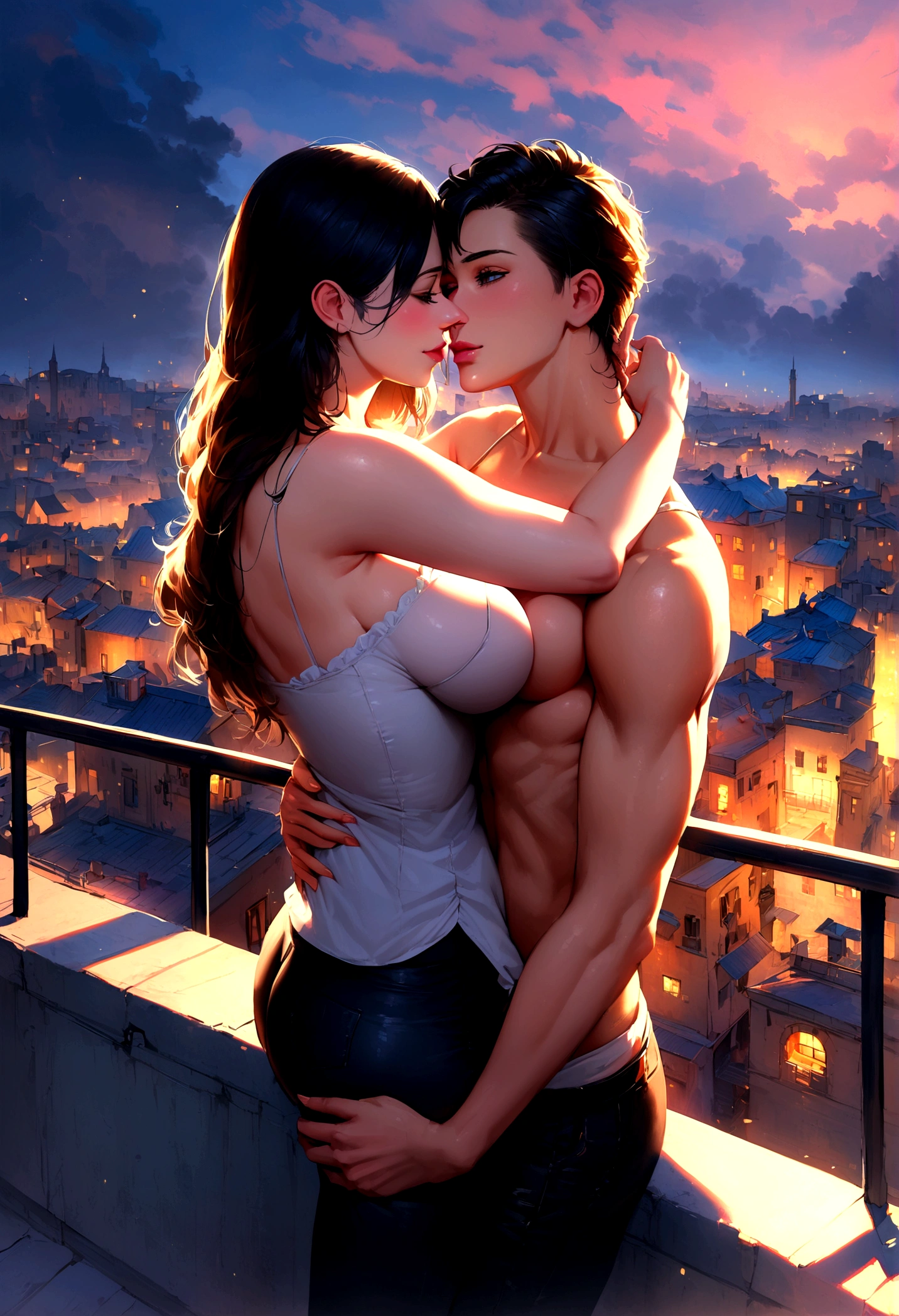 (A high resolution),(realist:1.2),beautiful,Cute busty mother and teenage son standing on top of a building,vivid and colorful,soft lighting, sexy couple