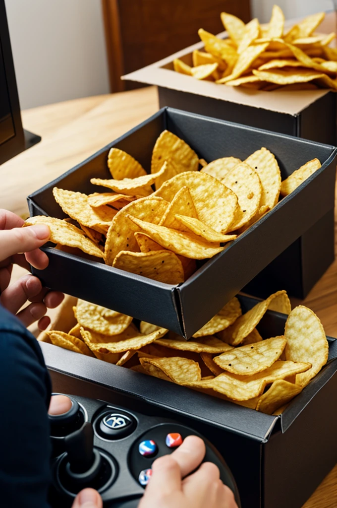 Box of chips playing video games
