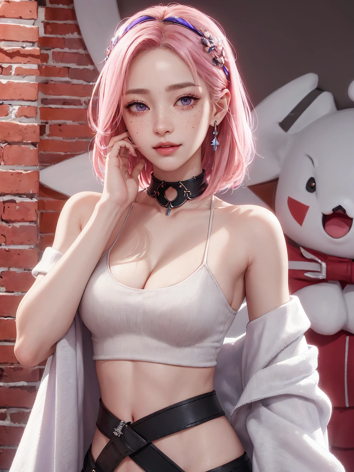 (Masterpiece, best quality, 1 girl, alone, complicated details, Chromatic aberration), realistic, ((Moderate breath)),long hair, pink hair, Red headpiece, Pink Highlights, hair on one eye,purple eyes, earring, sharp eyes, choker, Neon coat, She wears a collar, bangle, and kimono style garters., crop top, (symmetrical eyes),(Perfect symmetrical body),against the wall, Brick wall, (colorful graffiti words on the wall:1.2), The light is dim., alley ,Look at the viewer.、Dig the chest、smile、(sleeveless、Navel touch、Fitted turtleneck.)、street string hot pants、Thin bottom、Please build above the eaves..、Thin shoulders、in sports bar、(1 nogizaka girl,masterpiece, Best image quality, high quality, ultra High resolution,High resolution,detailed, highly detailed, super detailed,3D Rendering,Unreal Engine,unity 8k wallpaper:1.3),One Girl,Japanese Girls,beautiful girl,incredible beautiful girl,(Facing the children_v1:0.4), (PlainTshirt,Japanese Idols,from the front,View your viewers,whole body:1.2),Confused, detailed eyes, detailed skin, Beautiful Skin,so beautiful,Small face,Oval Face,Beautiful eyelashes,detailed eyelashes,detailed face,The finer details, Bright lighting,Professional Lighting,Thin eyebrows,Face of anguish,Cleavage、Small breasts、Detailed eye resolution、bob cut、freckles、Show your forehead、braided bangs、cleavage 、Red underwear