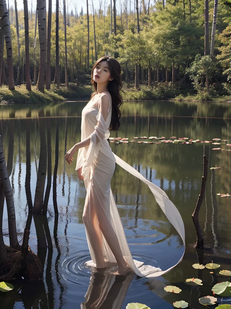 Super high-quality realistic photo, a young Japanese beauty with long black and brown hair blowing in the wind, exquisite facial features, completely naked and wearing a see-through silk tulle, dancing on the lotus leaves on the lake, with a blurred birch forest in the background, low angle upward shot, full body Shoot.