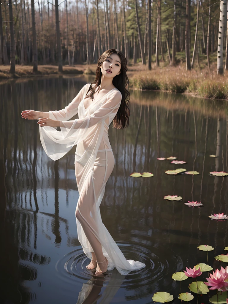 Super high-quality realistic photo, a young Japanese beauty with long black and brown hair blowing in the wind, exquisite facial features, completely naked and wearing a see-through silk tulle, dancing on the lotus leaves on the lake, with a blurred birch forest in the background, low angle upward shot, full body Shoot.