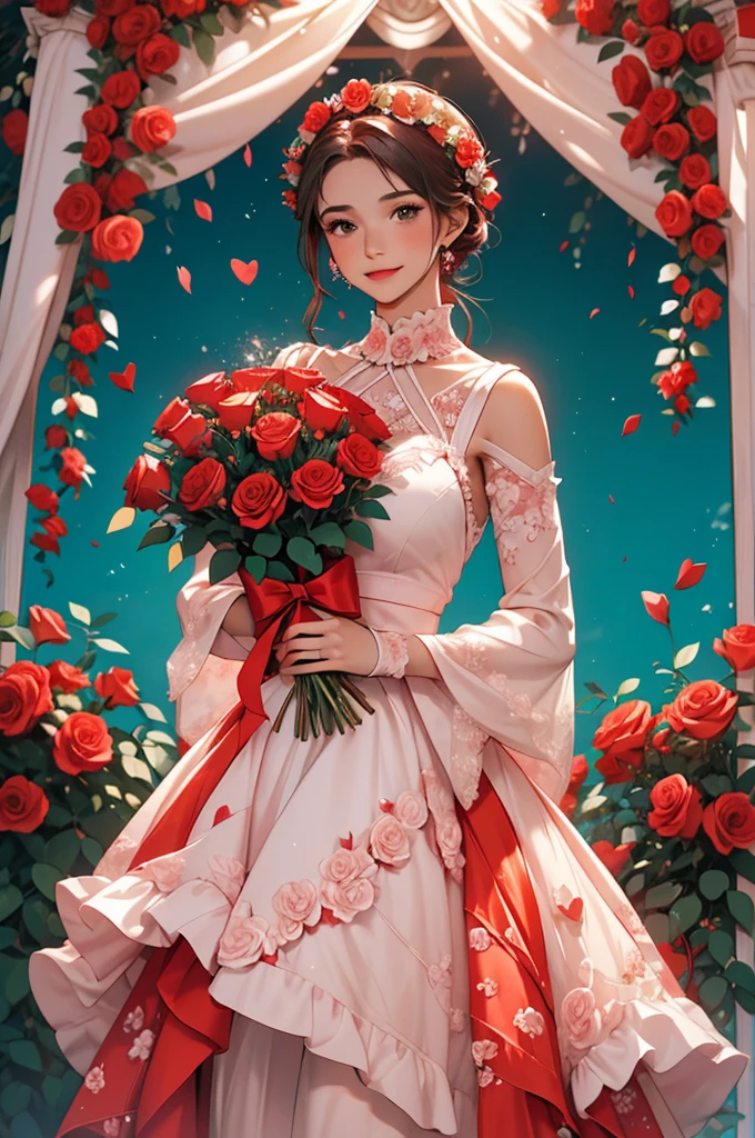 The image depicts a person holding a large, heart-shaped arrangement of red roses against a teal background. The individual is wearing a pale pink or white outfit that contrasts with the vibrant red roses. The overall scene exudes a romantic and perhaps celebratory atmosphere.