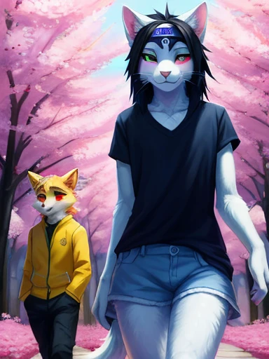A group picture of all three in the same picture here's what they all look like, ((yellow dog Naruto headband, Naruto yellow dog, Naruto as a yellow dog anthropomorphic and one is Sasuke: a blue and white furry wolf with red eyes,black hair and a ninja headband wearing blue shirt and white shorts emo looking acting cool and edgy with black hair glowing red eyes looking cool and handsome young good looking and last is Sakura: a female anthropomorphic white cat with pink hair green eyes has a Sakura flower on head wearing a red dress with Sakura flowers on it cute girly hot beautiful furry cat,))), looking a t viewer, big chest, day,, sensual, detailed, uploaded to e621, beautiful and detailed group members of an anthropomorphic, (((3 people ))) u ploaded to e 621, zaush, foxovh, movie ligh ting, thicc, detailed, 8k res, hires, de tailed eyes, g ood anatomy, good perspecti ve, towards vi ewer, bebebebebe, by sic klyhypnos, by gerkk, by orf, nice hands, per fect hands, ha ppy, romantic, ray tracing hting, rtx on, B Bebebebebe, by SpiritD, by KOBITOWANI, best quality, masterpiece, p erfect anatomy, detailed picture)),